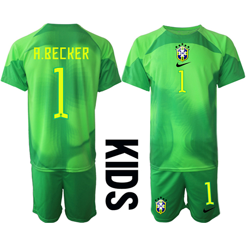 Brasilien Alisson Becker #1 Målvakt Bortadräkt Barn VM 2022 Kortärmad (+ Korta byxor)